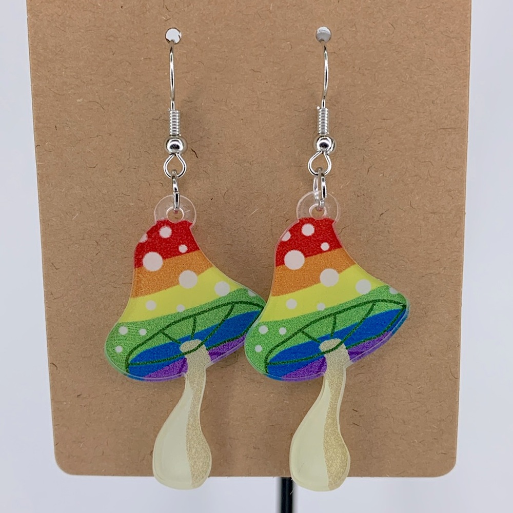 Rainbow Acrylic Mushroom Dangle Earrings Fashion Jewelry - Picture 1 of 3